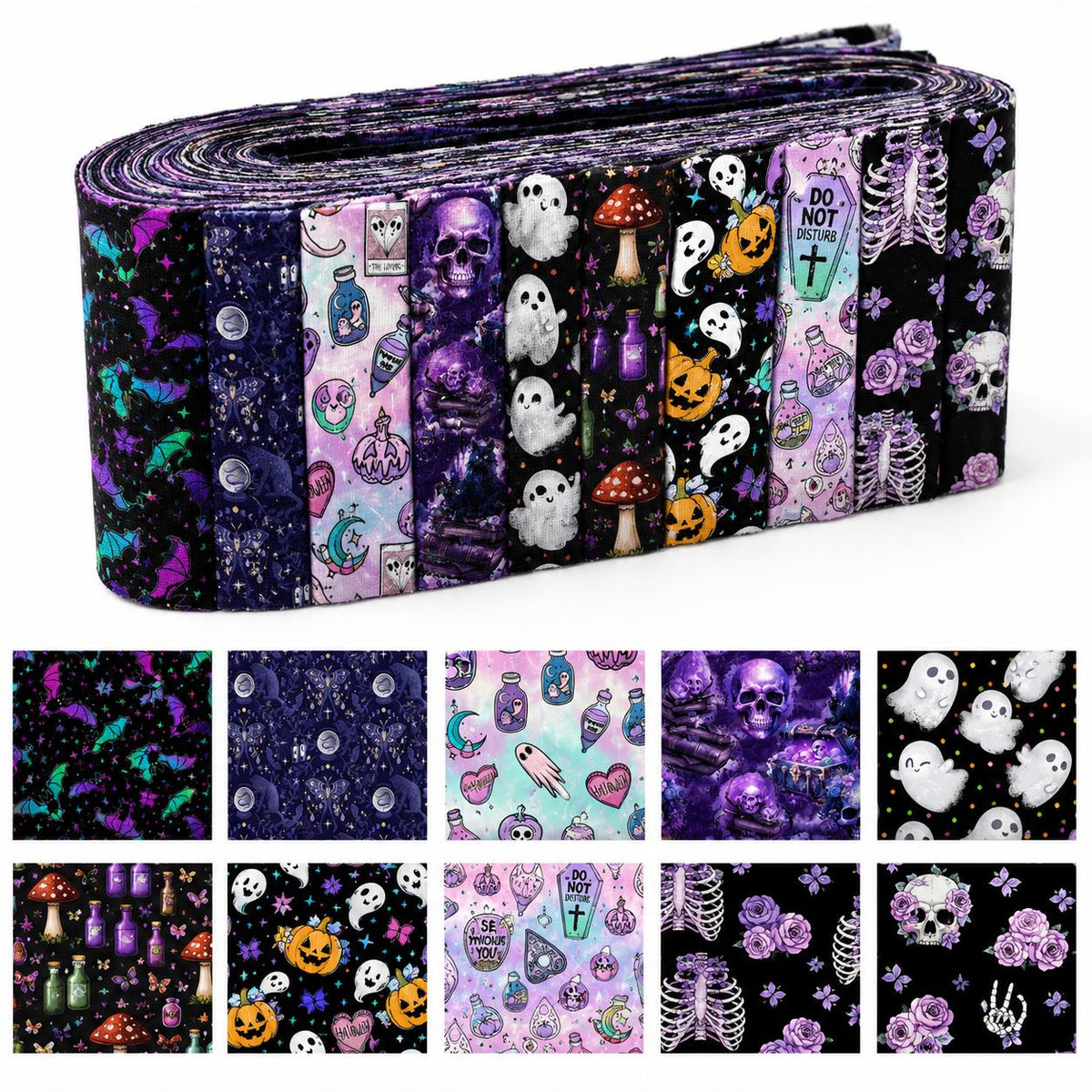 10Pc/Set, Making 10 Images 1pc Each, Each Size: 6.3*50cm Black Candy Skull Pumpkin Bat Ghost Halloween Series Sliced Fabric Set Style Combination, Polyester Jelly Roll Fabric Strips, Pre-Cut Quilting Squares, For Quilting DIY, Handicrafts And Sewing, Blan