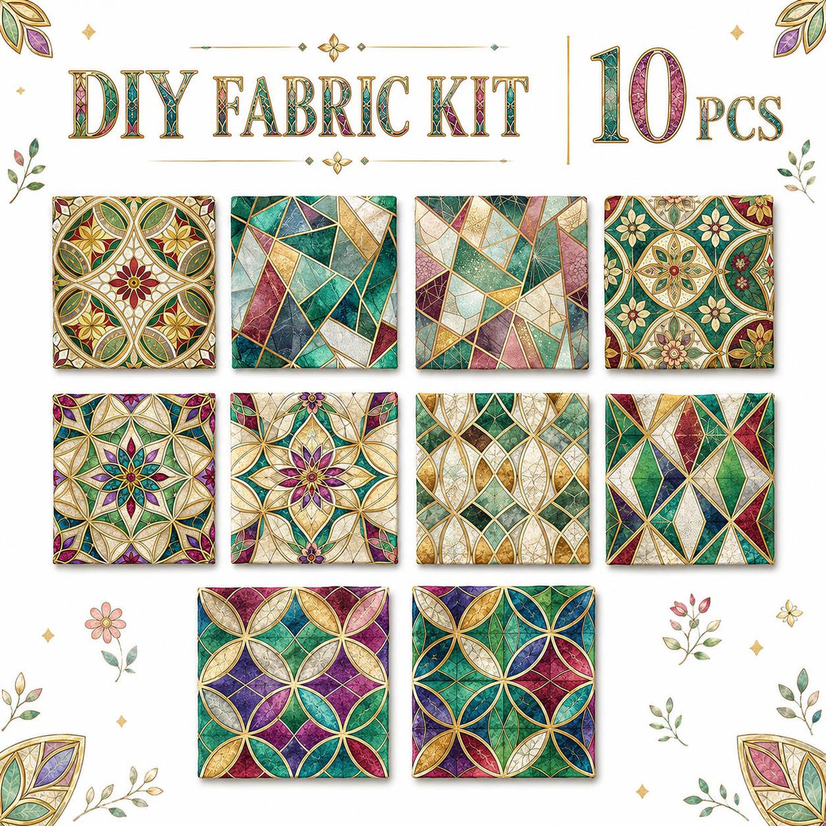 10Pc/Set Flower Geometric Patterns Colors Series Fat Quarter Fabric, Pre-Cut Square Fabric Assort, Fabric Set, Craft Fabric, Handmade DIY Patchwork Fabric,Home Quilting Sewing Fabric, Packaging Fabric, Scrapbooking Craft Hobbyist