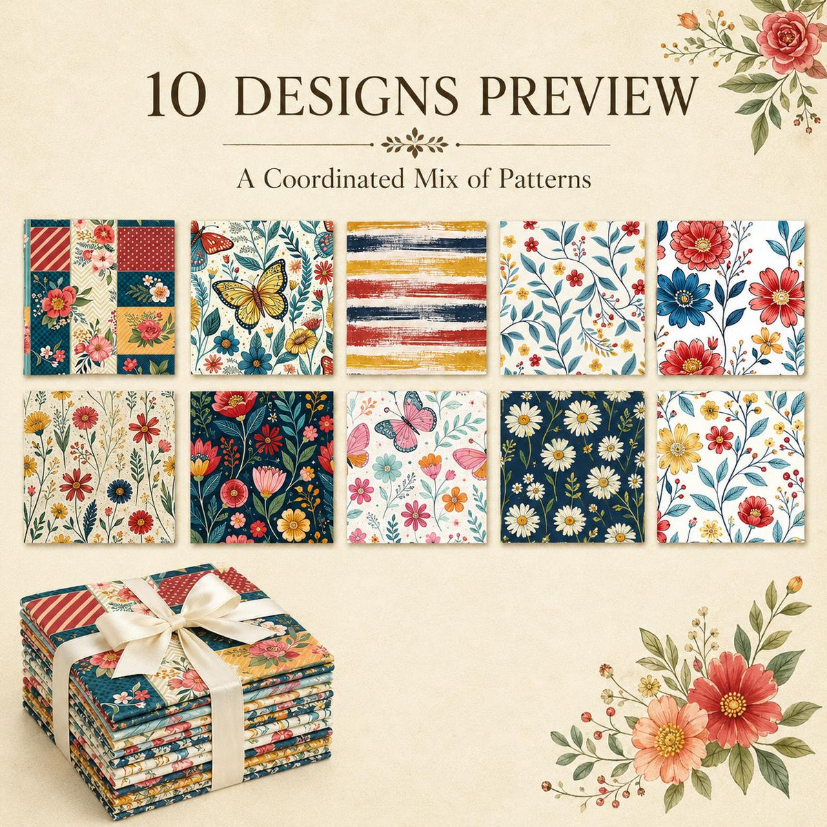 10Pc/Set Flower Series Dot Butterfly Plaid Fat Quarter Fabric, Pre-Cut Square Fabric Assort, Fabric Set, Craft Fabric, Handmade DIY Patchwork Fabric,Home Quilting Sewing Fabric, Packaging Fabric, Scrapbooking Craft Hobbyist