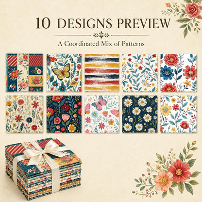 10Pc/Set Flower Series Dot Butterfly Plaid Fat Quarter Fabric, Pre-Cut Square Fabric Assort, Fabric Set, Craft Fabric, Handmade DIY Patchwork Fabric,Home Quilting Sewing Fabric, Packaging Fabric, Scrapbooking Craft Hobbyist