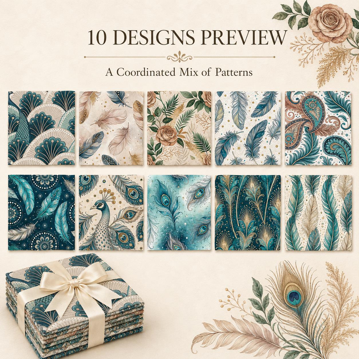10pcs Charm Pack Set Peacock Feathers VIntage Style Pattern HAndmade DIY With Rich Color and Texture Elements 100% Polyester Patchwork in 10 Design Styles Suitable For Patchwork DIY Craft Projects DIY Wallet Making Gift Giving Bag Making Mother's Day Gift