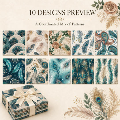 10pcs Charm Pack Set Peacock Feathers VIntage Style Pattern HAndmade DIY With Rich Color and Texture Elements 100% Polyester Patchwork in 10 Design Styles Suitable For Patchwork DIY Craft Projects DIY Wallet Making Gift Giving Bag Making Mother's Day Gift