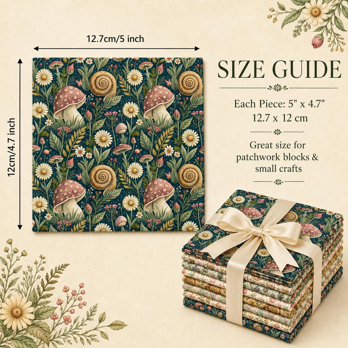 10Pc/Set Flower Mushroom Series Daisy Snails  Fat Quarter Fabric, Pre-Cut Square Fabric Assort, Fabric Set, Craft Fabric, Handmade DIY Patchwork Fabric,Home Quilting Sewing Fabric, Packaging Fabric, Scrapbooking Craft Hobbyist