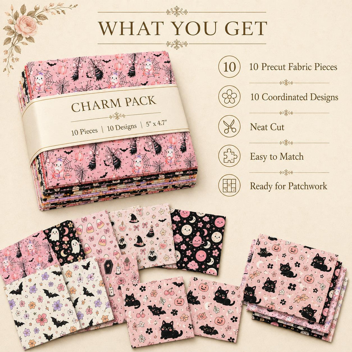 10Pc/Set Halloween Series Flower Bowknot Skull Pumpkin Cat Candy Cherry Mushroom Bat Rose Fat Quarter Fabric, Pre-Cut Square Fabric Assort, Fabric Set, Craft Fabric, Handmade DIY Patchwork Fabric,Home Quilting Sewing Fabric, Packaging Fabric, Scrapbooking