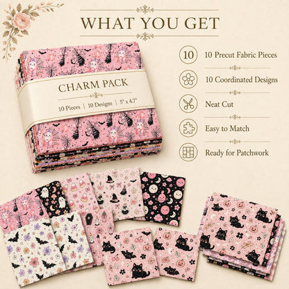 10Pc/Set Halloween Series Flower Bowknot Skull Pumpkin Cat Candy Cherry Mushroom Bat Rose Fat Quarter Fabric, Pre-Cut Square Fabric Assort, Fabric Set, Craft Fabric, Handmade DIY Patchwork Fabric,Home Quilting Sewing Fabric, Packaging Fabric, Scrapbooking