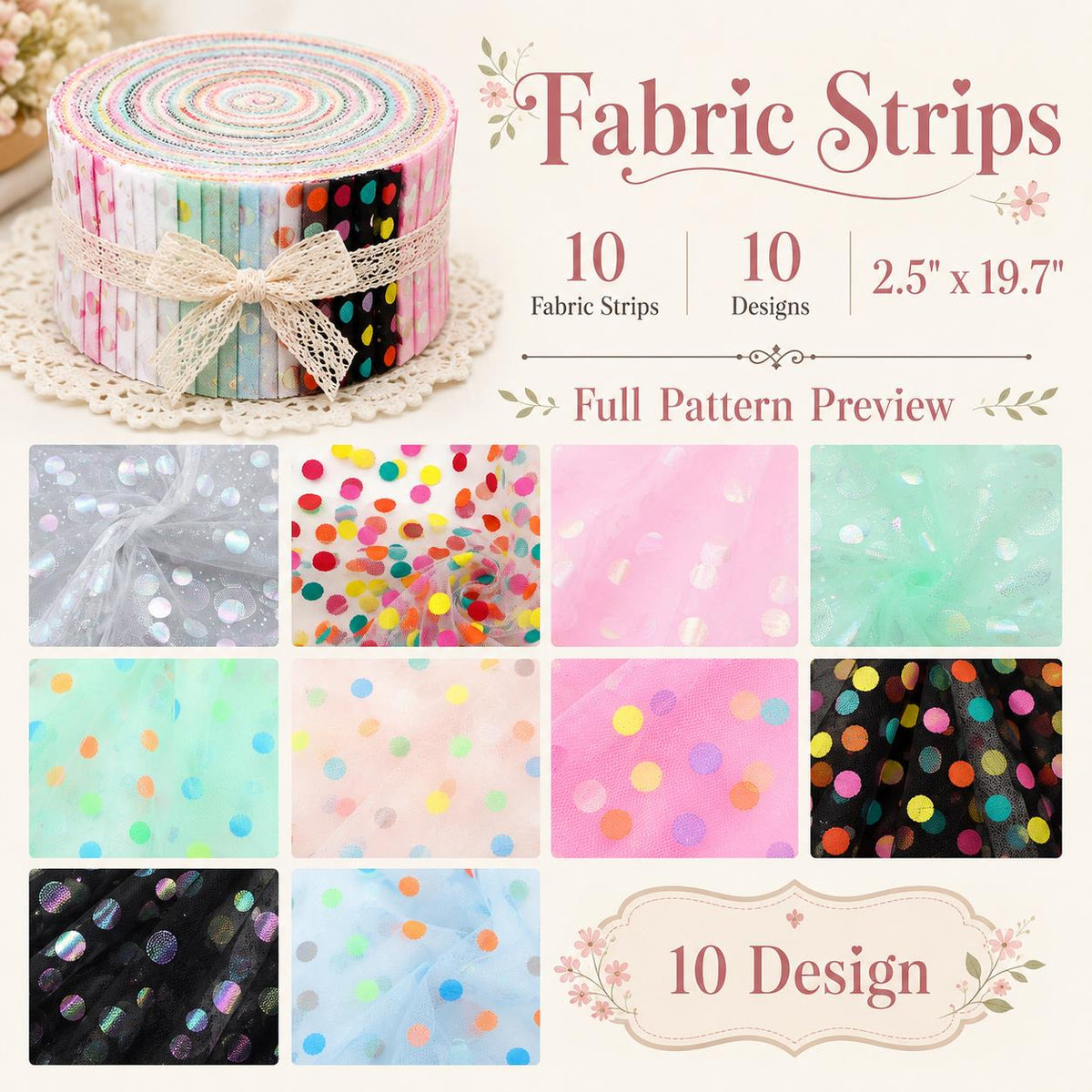 10Pc/Set, Making 10 Images 1pc Each, Each Size: 6.3*50cm Mesh Gauze Dot Series Sliced Fabric Set Style Combination, Polyester Jelly Roll Fabric Strips, Pre-Cut Quilting Squares, For Quilting DIY, Handicrafts And Sewing, Blankets, Rugs, Interior Decoration