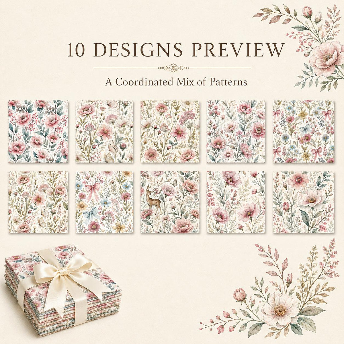 10Pc/Set Flower Series Butterfly Bowknot Fat Quarter Fabric, Pre-Cut Square Fabric Assort, Fabric Set, Craft Fabric, Handmade DIY Patchwork Fabric,Home Quilting Sewing Fabric, Packaging Fabric, Scrapbooking Craft Hobbyist