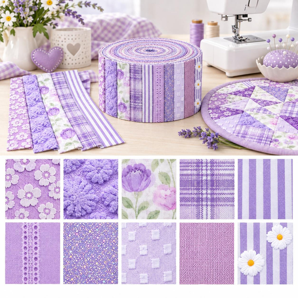 10pcs Vintage Floral Plaid Purple Pattern Jelly Roll Fabric Strips 2.5X19.7inch Pre-cut 100% Polyester for Patchwork Quilts, Table Runners, Placemats, Tote Bags, Storage Pouches, Makeup Bags, Coasters, Quilt Blocks & Binding Multi-color