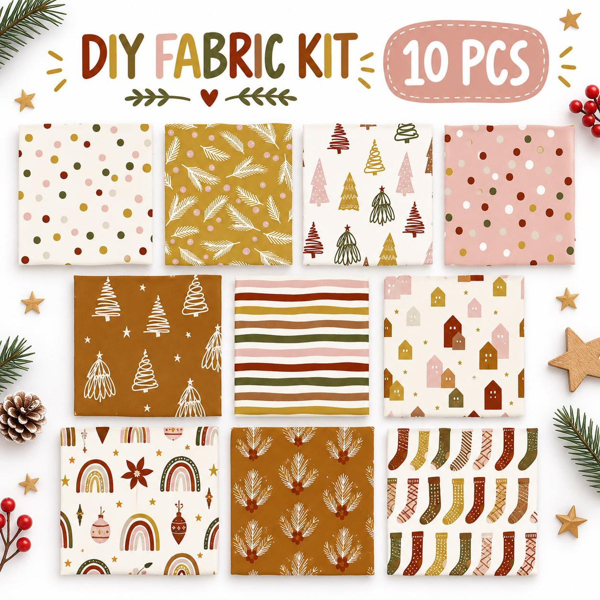 10Pc/Set Christmas Series Dot Tree House Star Stripe Fat Quarter Fabric, Pre-Cut Square Fabric Assort, Fabric Set, Craft Fabric, Handmade DIY Patchwork Fabric,Home Quilting Sewing Fabric, Packaging Fabric, Scrapbooking Craft Hobbyist
