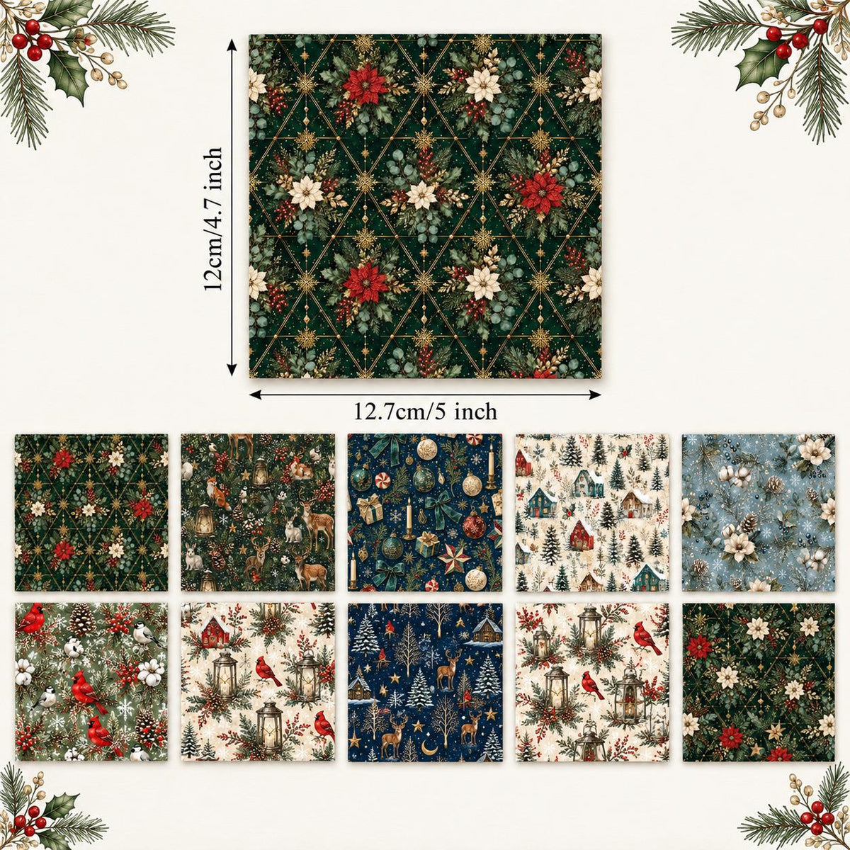 10Pc/Set Christmas Series Bowknot Flower Rabbit Northern Cardinal Deer Holly Pinecones Fox Fat Quarter Fabric, Pre-Cut Square Fabric Assort, Fabric Set, Craft Fabric, Handmade DIY Patchwork Fabric,Home Quilting Sewing Fabric, Packaging Fabric, Scrapbookin
