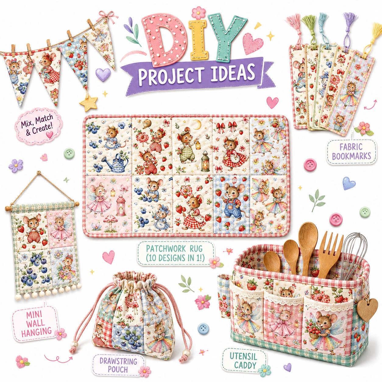 10pcs Charm Pack Set Mouse Mushroom Vintage Style Pattern Handmade DIY with Rich Color and Texture Elements 100% Polyester Patchwork in 10 Design Styles Suitable for Patchwork DIY Craft Projects DIY Wallet Making Gift Giving Bag Making Mother's Day Gift