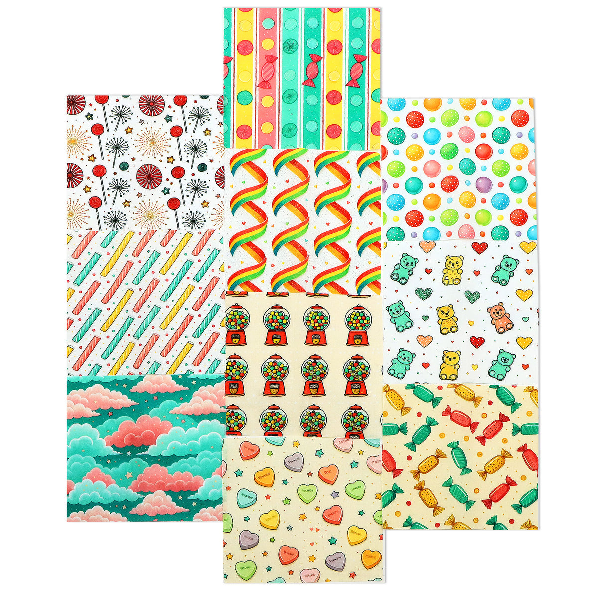 10Pc/Set Heart Series Candy Bear Dot Lollipop Stripe Fat Quarter Fabric, Pre-Cut Square Fabric Assort, Fabric Set, Craft Fabric, Handmade DIY Patchwork Fabric,Home Quilting Sewing Fabric, Packaging Fabric, Scrapbooking Craft Hobbyist