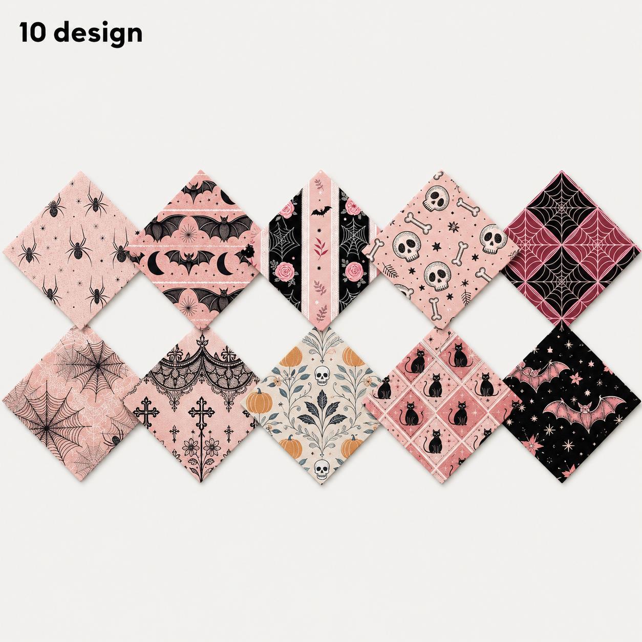 10pcs Charm Pack Set Bat Pumpkin Skull Halloween Vintage Style Pattern Handmade DIY with Rich Color and Texture Elements 100% Polyester Patchwork in 10 Design Styles Suitable for Patchwork DIY Craft Projects DIY Wallet Making Gift Giving Bag Making