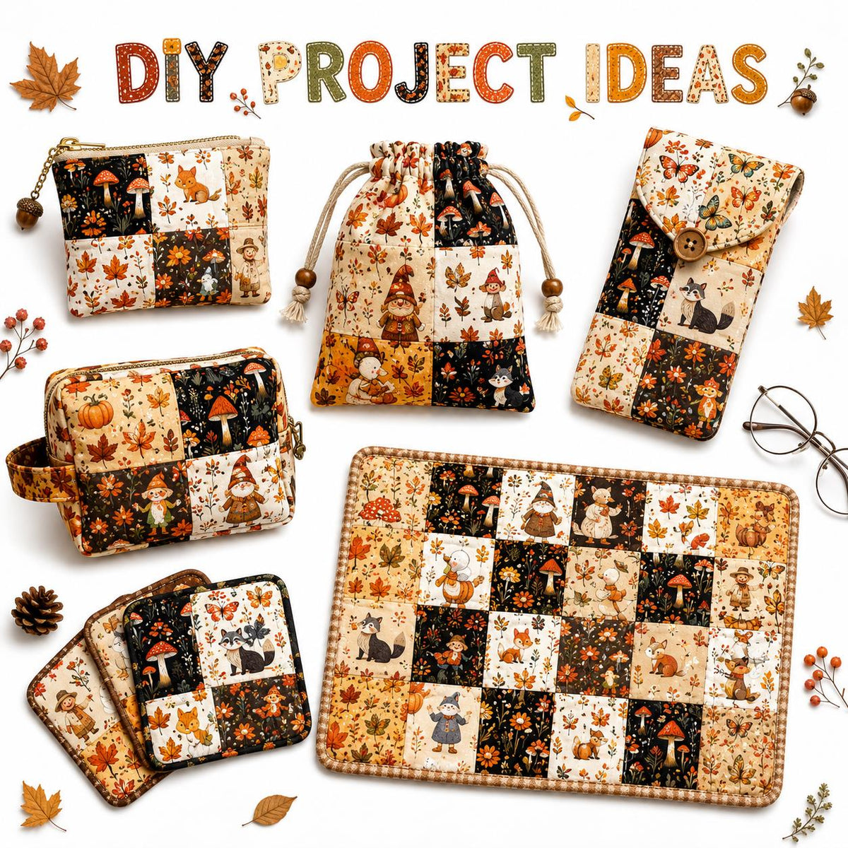 10Pc/Set Autumn Series Pumpkin Maple Leaf Thanksgiving Day Turkey Mushroom Duck Fat Quarter Fabric, Pre-Cut Square Fabric Assort, Fabric Set, Craft Fabric, Handmade DIY Patchwork Fabric,Home Quilting Sewing Fabric, Packaging Fabric, Scrapbooking Craft Hob