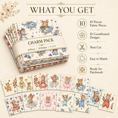 10pcs Charm Pack Set Mouse Mushroom Vintage Style Pattern Handmade DIY with Rich Color and Texture Elements 100% Polyester Patchwork in 10 Design Styles Suitable for Patchwork DIY Craft Projects DIY Wallet Making Gift Giving Bag Making Mother's Day Gift