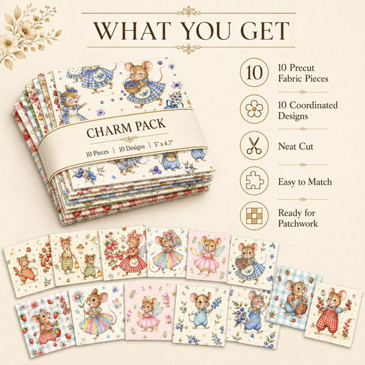 10pcs Charm Pack Set Mouse Mushroom Vintage Style Pattern Handmade DIY with Rich Color and Texture Elements 100% Polyester Patchwork in 10 Design Styles Suitable for Patchwork DIY Craft Projects DIY Wallet Making Gift Giving Bag Making Mother's Day Gift