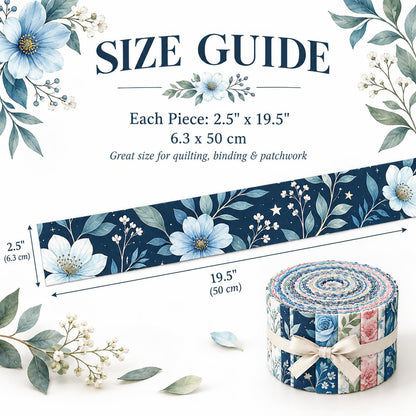 10pcs Vintage Blue Floral Pattern Jelly Roll Fabric Strips 2.5X19.7inch Pre-Cut 100% Polyester For Patchwork Quilts, Table Runners, Placemats, Tote Bags, Storage Pouches, Makeup Bags, Coasters, Quilt Blocks & Binding