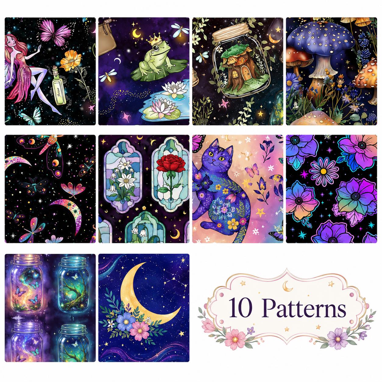 10pcs Vintage Moon Cat Bottle Night Pattern Jelly Roll Fabric Strips 2.5X19.7inch Pre-cut 100% Polyester for Patchwork Quilts, Table Runners, Placemats, Tote Bags, Storage Pouches, Makeup Bags, Coasters, Quilt Blocks & Binding Halloween Gift