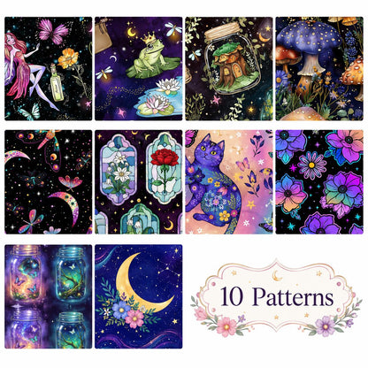 10pcs Vintage Moon Cat Bottle Night Pattern Jelly Roll Fabric Strips 2.5X19.7inch Pre-cut 100% Polyester for Patchwork Quilts, Table Runners, Placemats, Tote Bags, Storage Pouches, Makeup Bags, Coasters, Quilt Blocks & Binding Halloween Gift