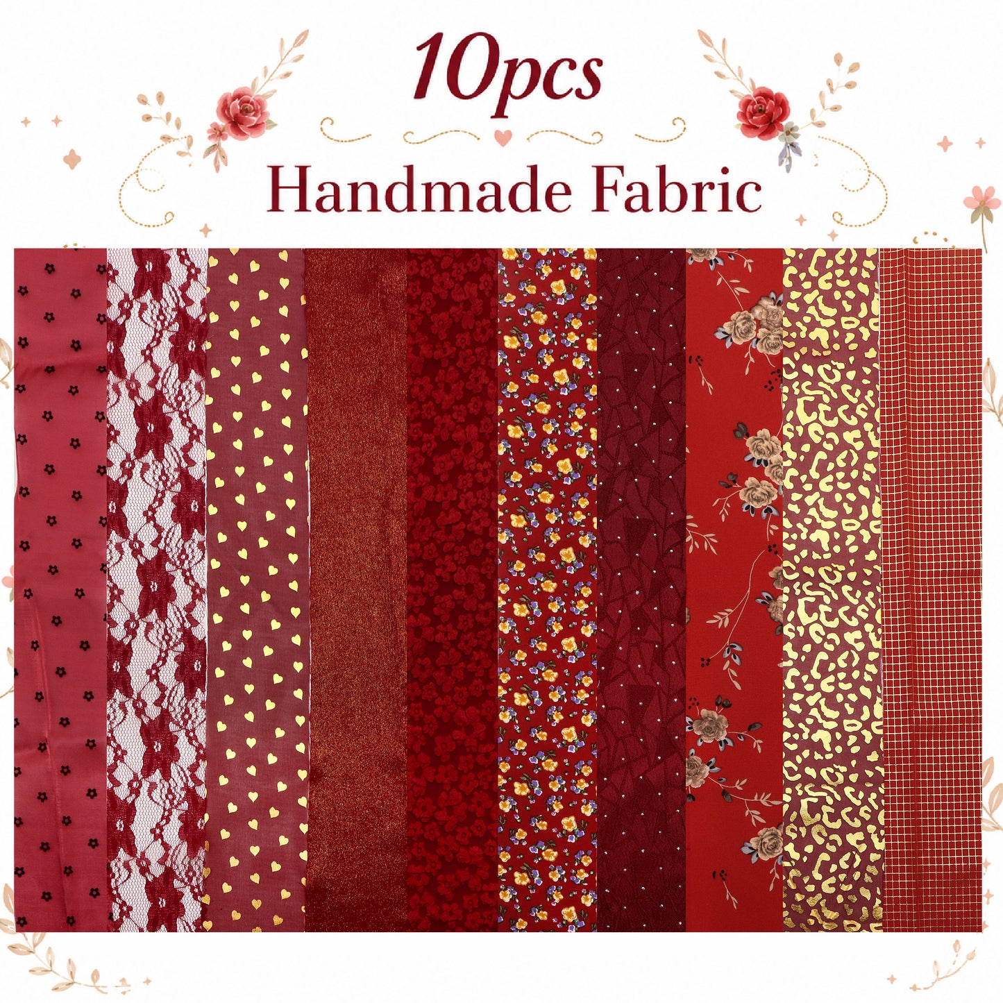 10Pc/Set, Making 10 Images 1pc Each, Each Size: 6.3*50cm Floral Red Series Sliced Fabric Set Style Combination, Polyester Jelly Roll Fabric Strips, Pre-Cut Quilting Squares, For Quilting DIY, Handicrafts And Sewing, Blankets, Rugs, Interior Decoration