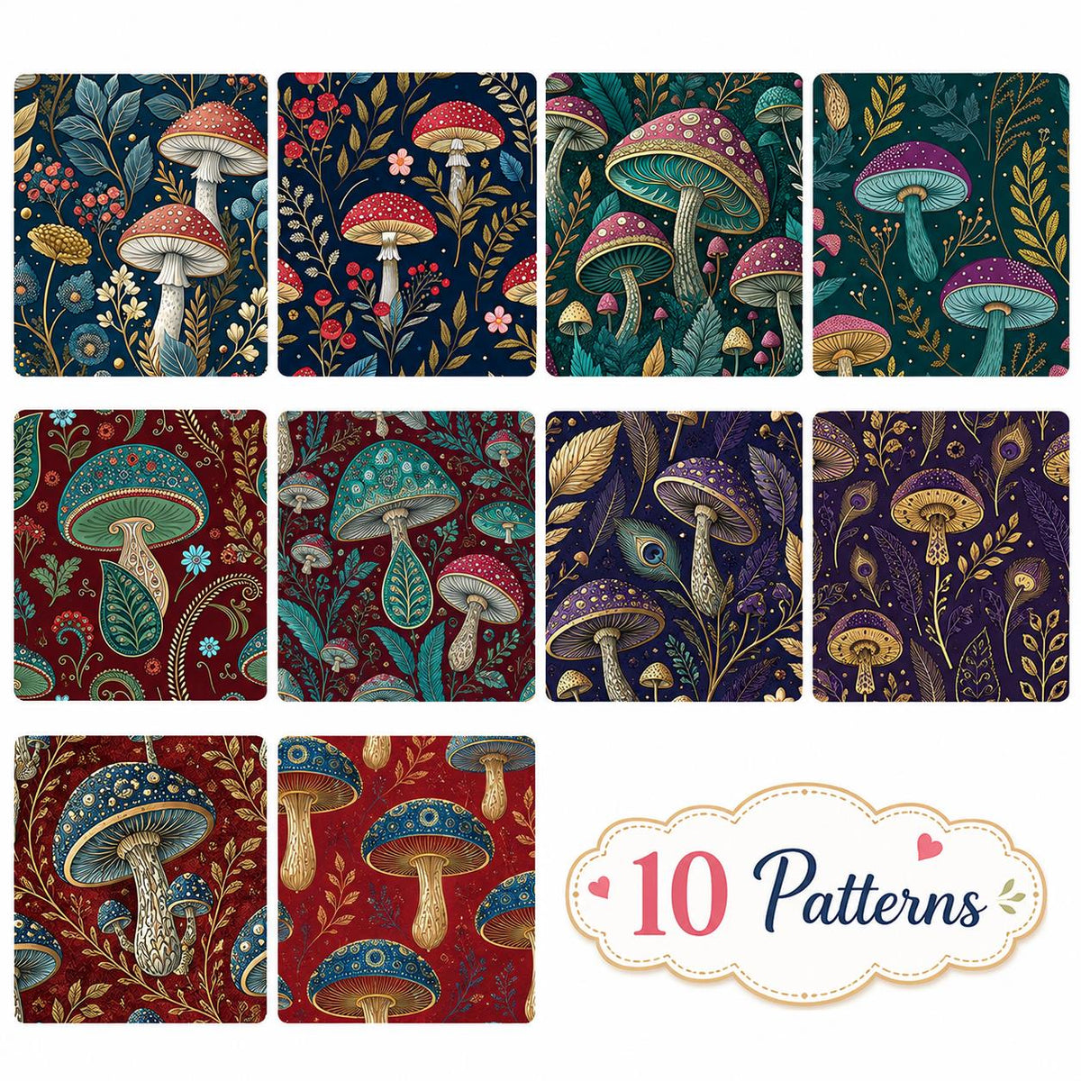 10pcs Vintage Mushroom Floral Pattern Jelly Roll Fabric Strips 2.5X19.7inch Pre-Cut 100% Polyester For Patchwork Quilts, Table Runners, Placemats, Tote Bags, Storage Pouches, Makeup Bags, Coasters, Quilt Blocks & Binding