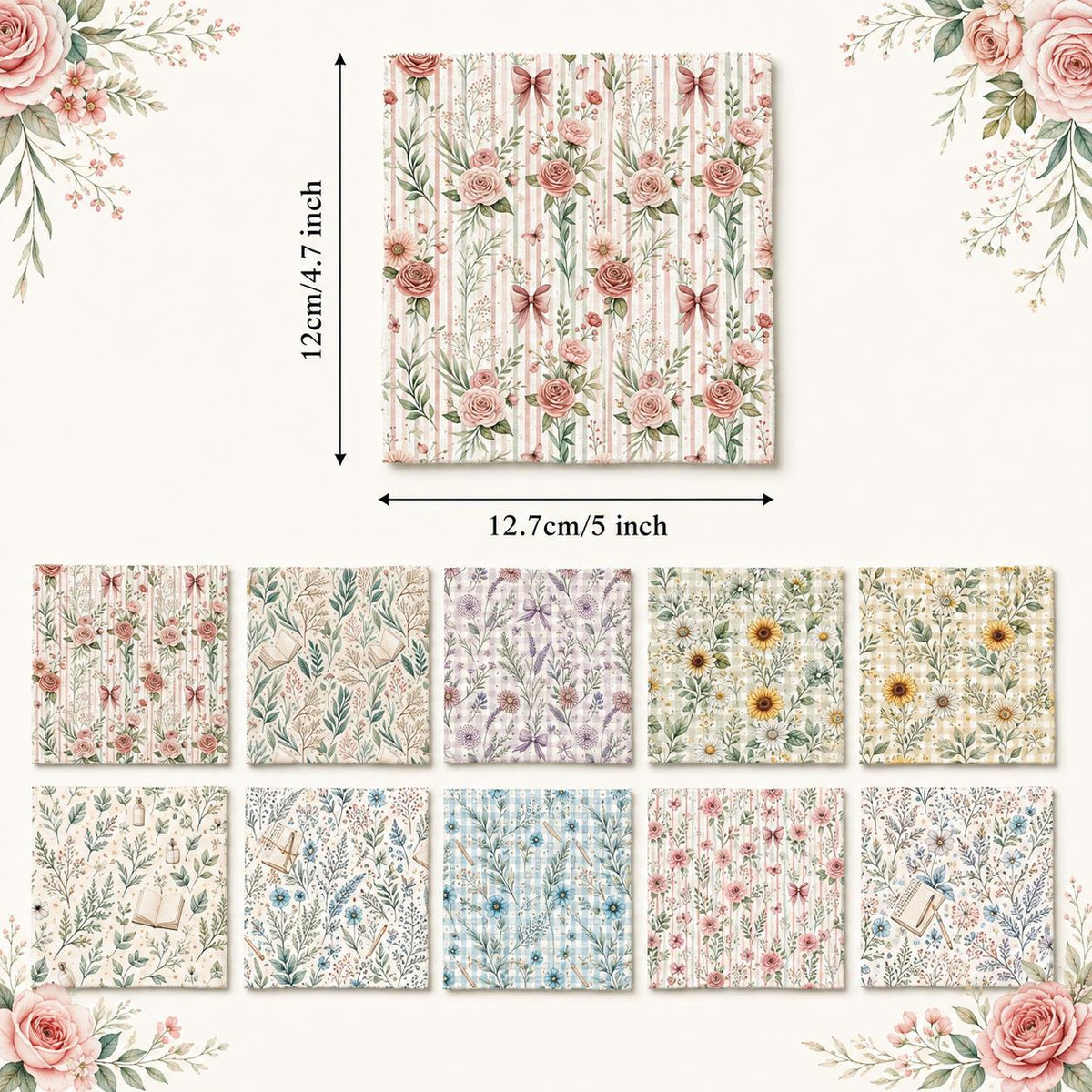 10pcs Charm Pack Set Floral Pattern 100% Polyester Patchwork in 10 Design Styles, Ready-to-Sew Without Cutting, Suitable For Patchwork Wallet Making Gift Giving Tote Bags Coasters DIY Craft Projects