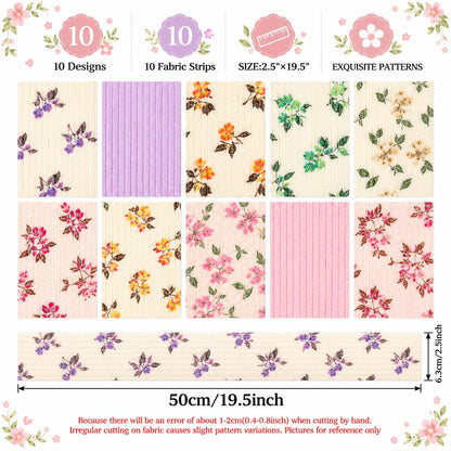 10pcs Vintage Floral Corduroy Fabric Jelly Roll Fabric Strips 2.5X19.7inch Pre-cut 100% Polyester for Patchwork Quilts, Table Runners, Placemats, Tote Bags, Storage Pouches, Makeup Bags, Coasters, Quilt Blocks & Binding Multi-color