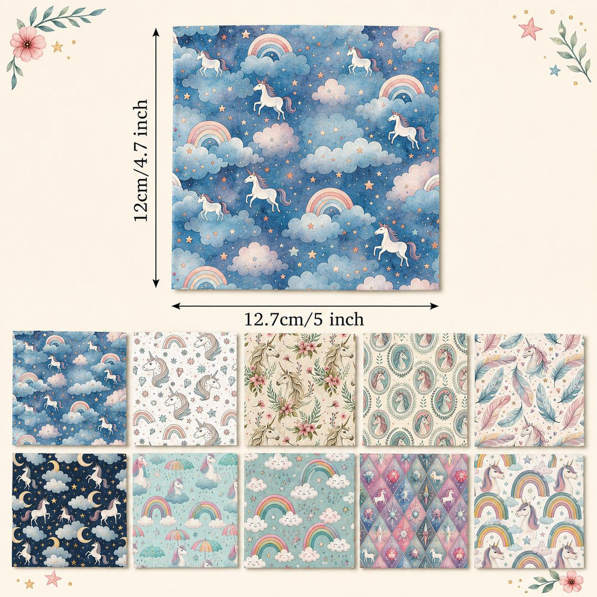 10Pc/Set Unicorn Series Flower Star Moon Umbrella Cloud Fat Quarter Fabric, Pre-Cut Square Fabric Assort, Fabric Set, Craft Fabric, Handmade DIY Patchwork Fabric,Home Quilting Sewing Fabric, Packaging Fabric, Scrapbooking Craft Hobbyist