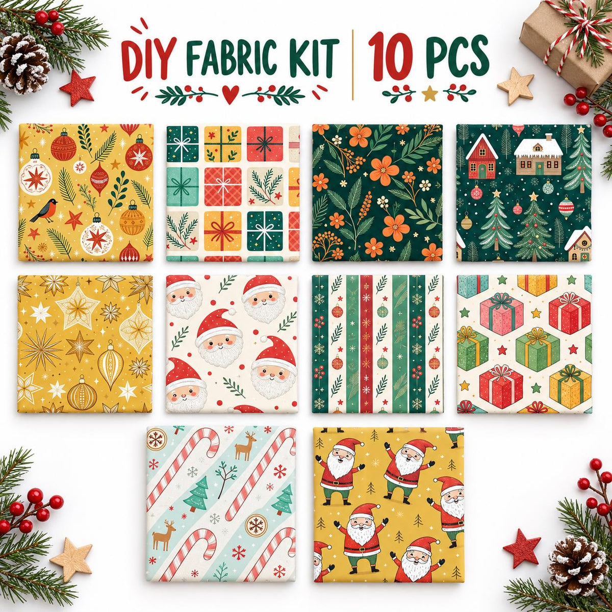 10Pc/Set Christmas Flower Deer Tree Santa Claus Crutch Series Fat Quarter Fabric, Pre-Cut Square Fabric Assort, Fabric Set, Craft Fabric, Handmade DIY Patchwork Fabric,Home Quilting Sewing Fabric, Packaging Fabric, Scrapbooking Craft Hobbyist