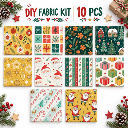 10Pc/Set Christmas Flower Deer Tree Santa Claus Crutch Series Fat Quarter Fabric, Pre-Cut Square Fabric Assort, Fabric Set, Craft Fabric, Handmade DIY Patchwork Fabric,Home Quilting Sewing Fabric, Packaging Fabric, Scrapbooking Craft Hobbyist