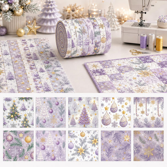 10pcs Vintage Christmas Tree Gift Pattern Jelly Roll Fabric Strips 2.5X19.7inch Pre-Cut 100% Polyester For Patchwork Quilts, Table Runners, Placemats, Tote Bags, Storage Pouches, Makeup Bags, Coasters, Quilt Blocks & Binding