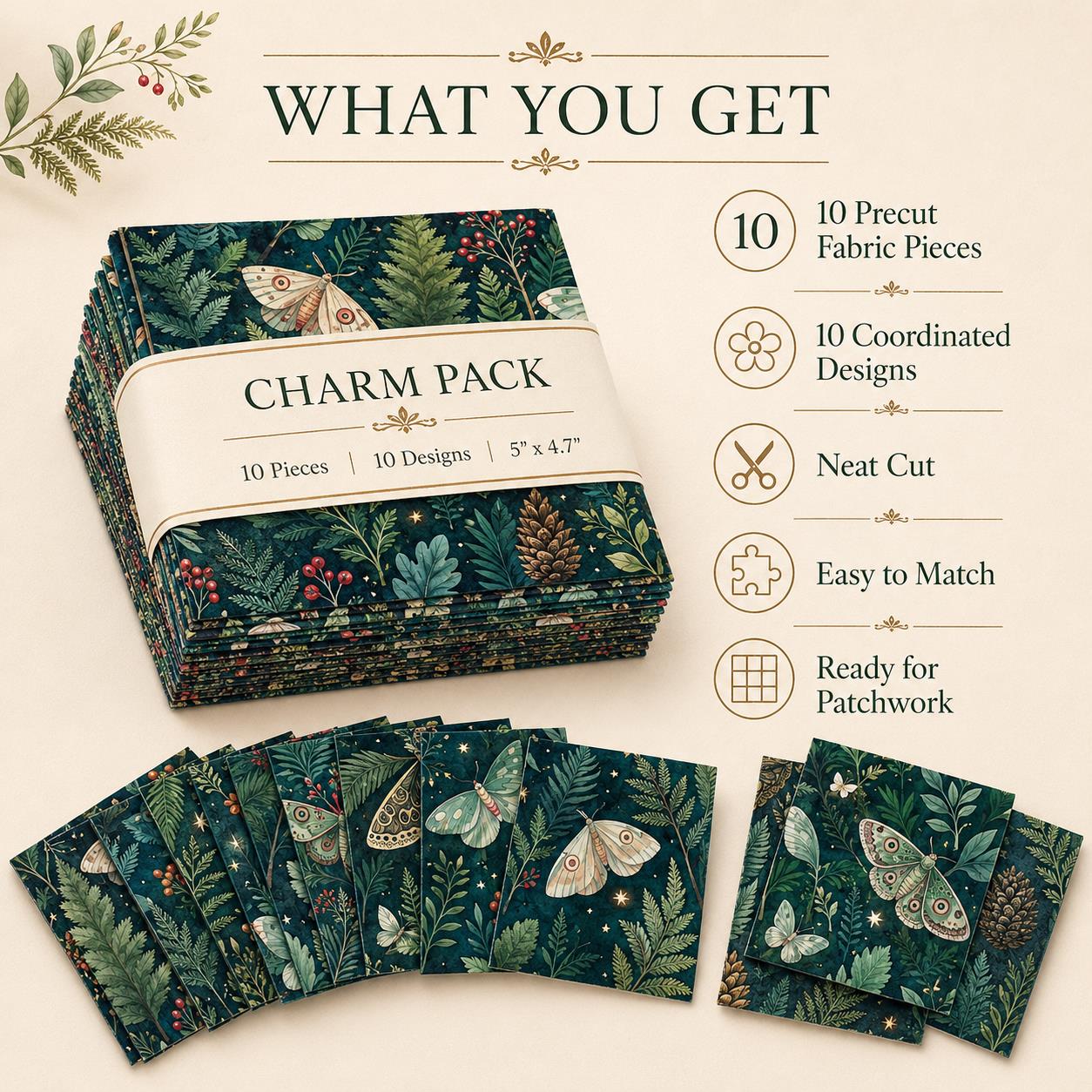 10pcs Charm Pack Set Green Holly Christmas Pattern Vintage Style Pattern Handmade DIY with Rich Color and Texture Elements 100% Polyester Patchwork in 10 Design Styles Suitable for Patchwork DIY Craft Projects DIY Wallet Making Gift Giving Bag Making Moth