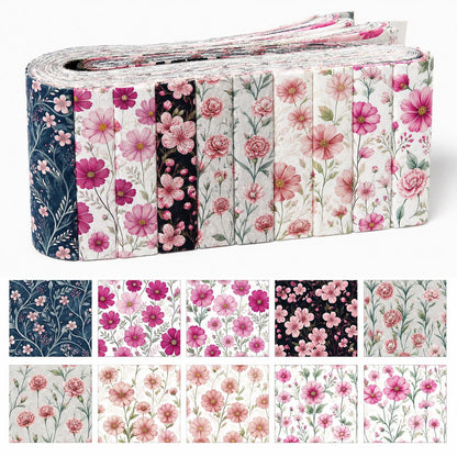 10pcs Vintage Floral Pattern Jelly Roll Fabric Strips 2.5X19.7inch Pre-Cut 100% Polyester For Patchwork Quilts, Table Runners, Placemats, Tote Bags, Storage Pouches, Makeup Bags, Coasters, Quilt Blocks & Binding