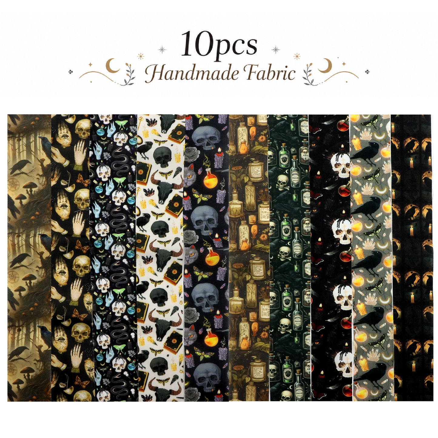 10pcs Vintage Skull Crow Black Pattern Jelly Roll Fabric Strips 2.5X19.7inch Pre-cut 100% Polyester for Patchwork Quilts, Table Runners, Placemats, Tote Bags, Storage Pouches, Makeup Bags, Coasters, Quilt Blocks & Binding