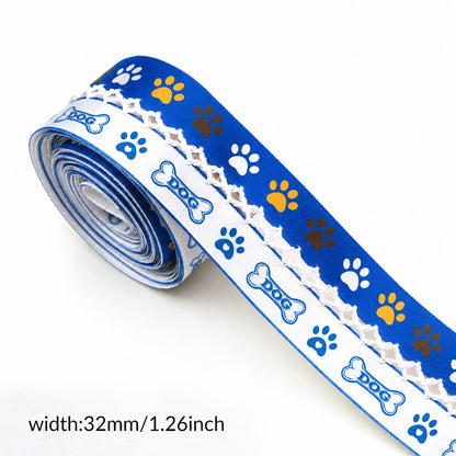 5 Yards Blue White Series Ribbon Adorned with Dog Paw Bones Pattern, Width 32mm/1.26-Inch, Two Ribbon Equipped with White Center Hook Edge, Ideal for Showcasing Jewelry And Wrapping Gifts, Creating Bows, Holiday Decorations