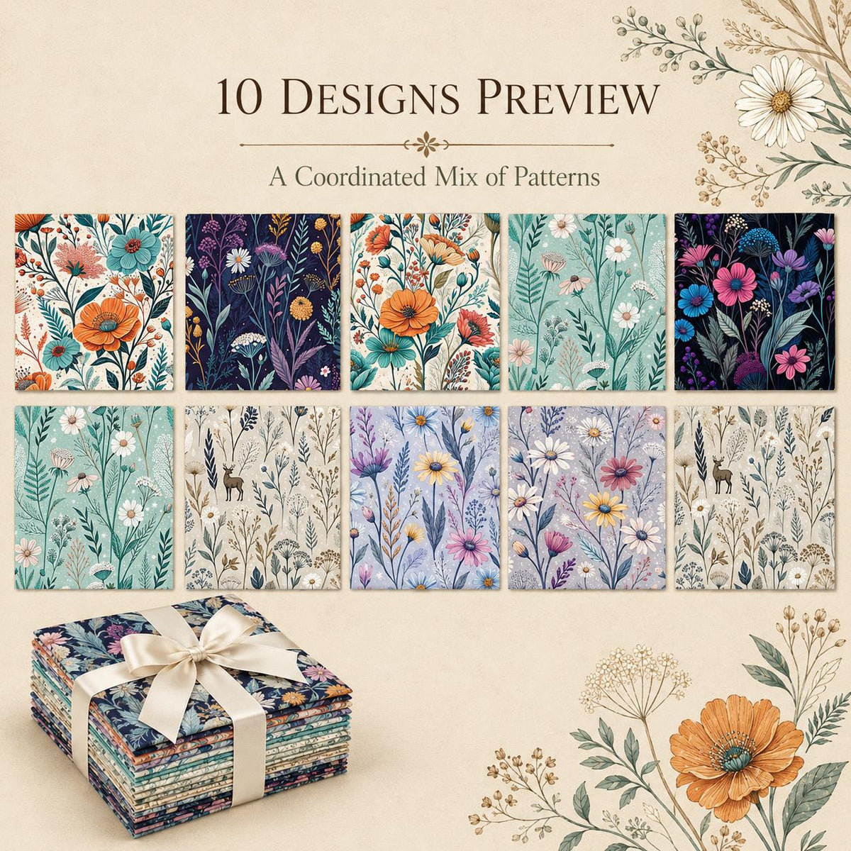 10pcs Charm Pack Set Floral Pattern Vintage Style Handmade DIY with Rich Color and Texture Elements 100% Polyester Patchwork in 10 Design Styles Suitable for Patchwork DIY Craft Projects DIY Wallet Making Gift Giving Bag Making Mother's Day Gift