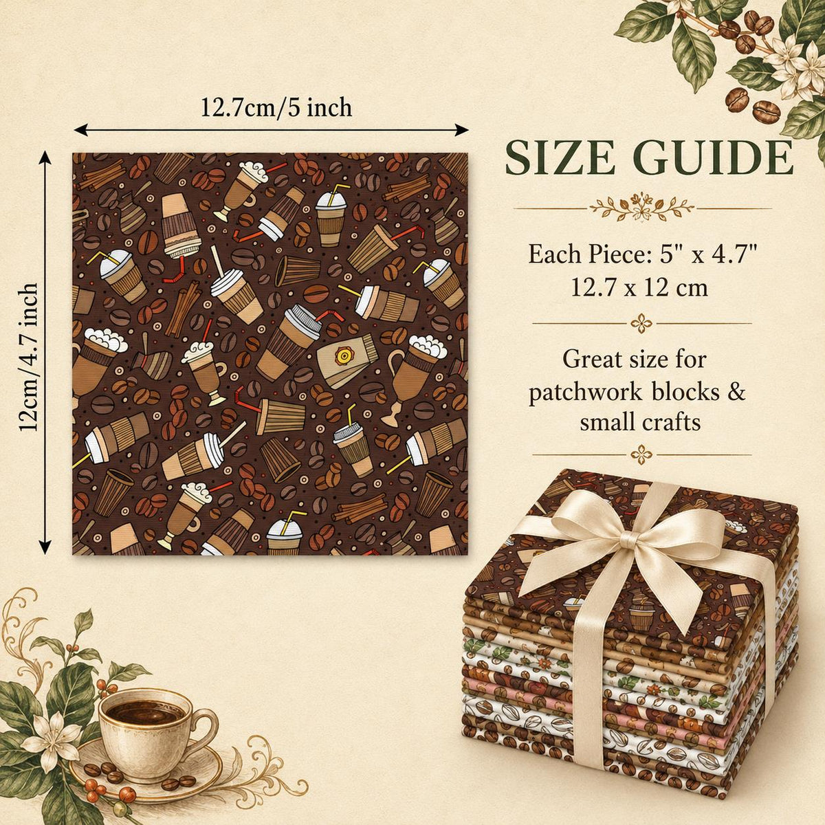 10Pc/Set Coffee Beans Series Leaves Drinks Fat Quarter Fabric, Pre-Cut Square Fabric Assort, Fabric Set, Craft Fabric, Handmade DIY Patchwork Fabric,Home Quilting Sewing Fabric, Packaging Fabric, Scrapbooking Craft Hobbyist
