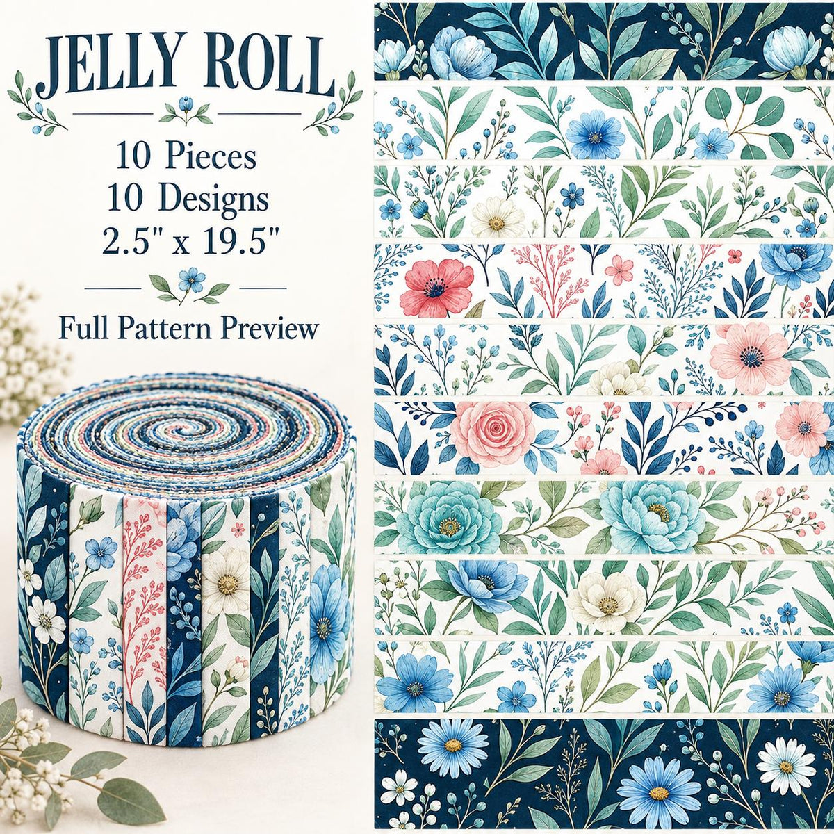10pcs Vintage Floral Pattern Jelly Roll Fabric Strips 2.5X19.7inch Pre-Cut 100% Polyester For Patchwork Quilts, Table Runners, Placemats, Tote Bags, Storage Pouches, Makeup Bags, Coasters, Quilt Blocks & Binding