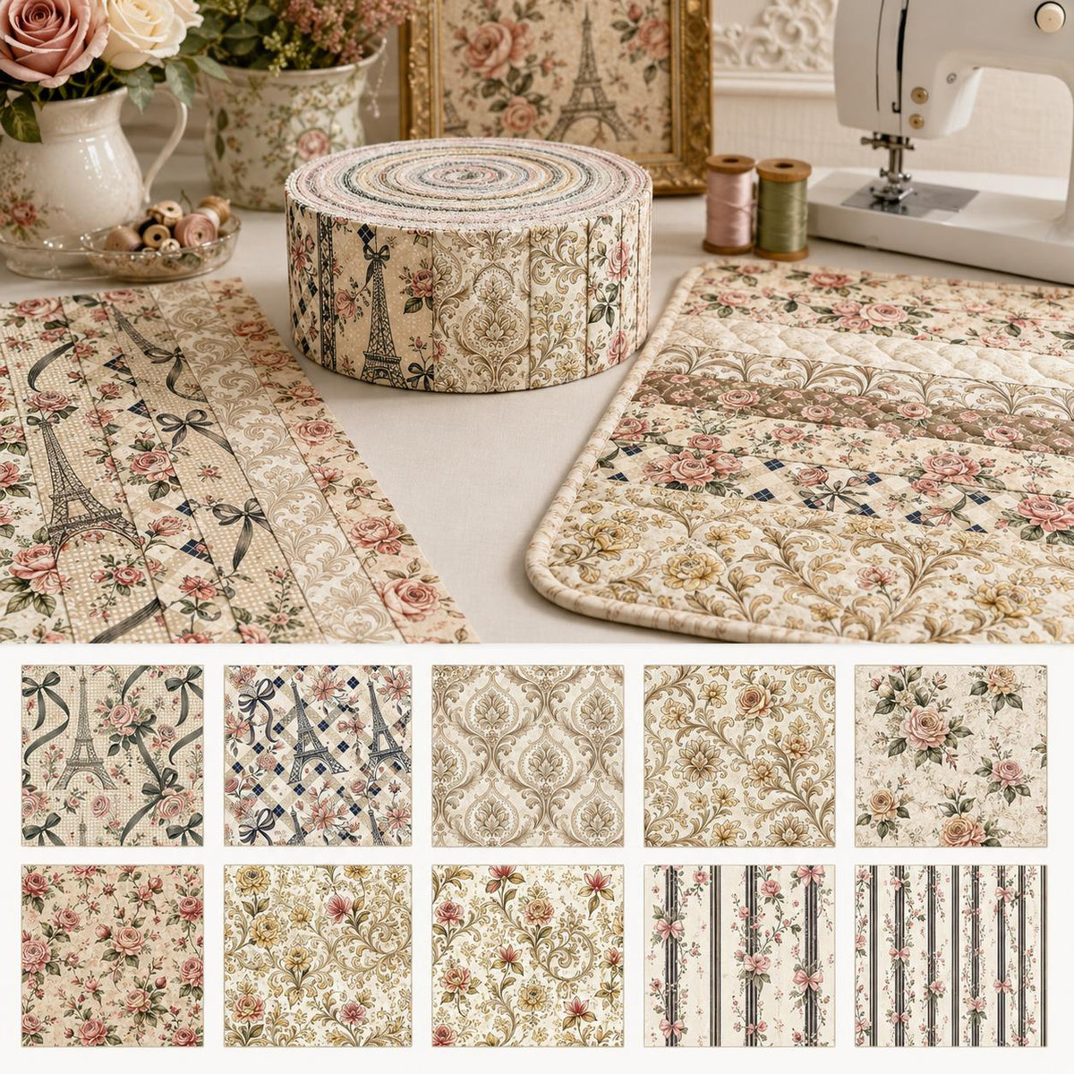 10pcs Vintage Floral Pattern Jelly Roll Fabric Strips 2.5X19.7inch Pre-Cut 100% Polyester For Patchwork Quilts, Table Runners, Placemats, Tote Bags, Storage Pouches, Makeup Bags, Coasters, Quilt Blocks & Binding