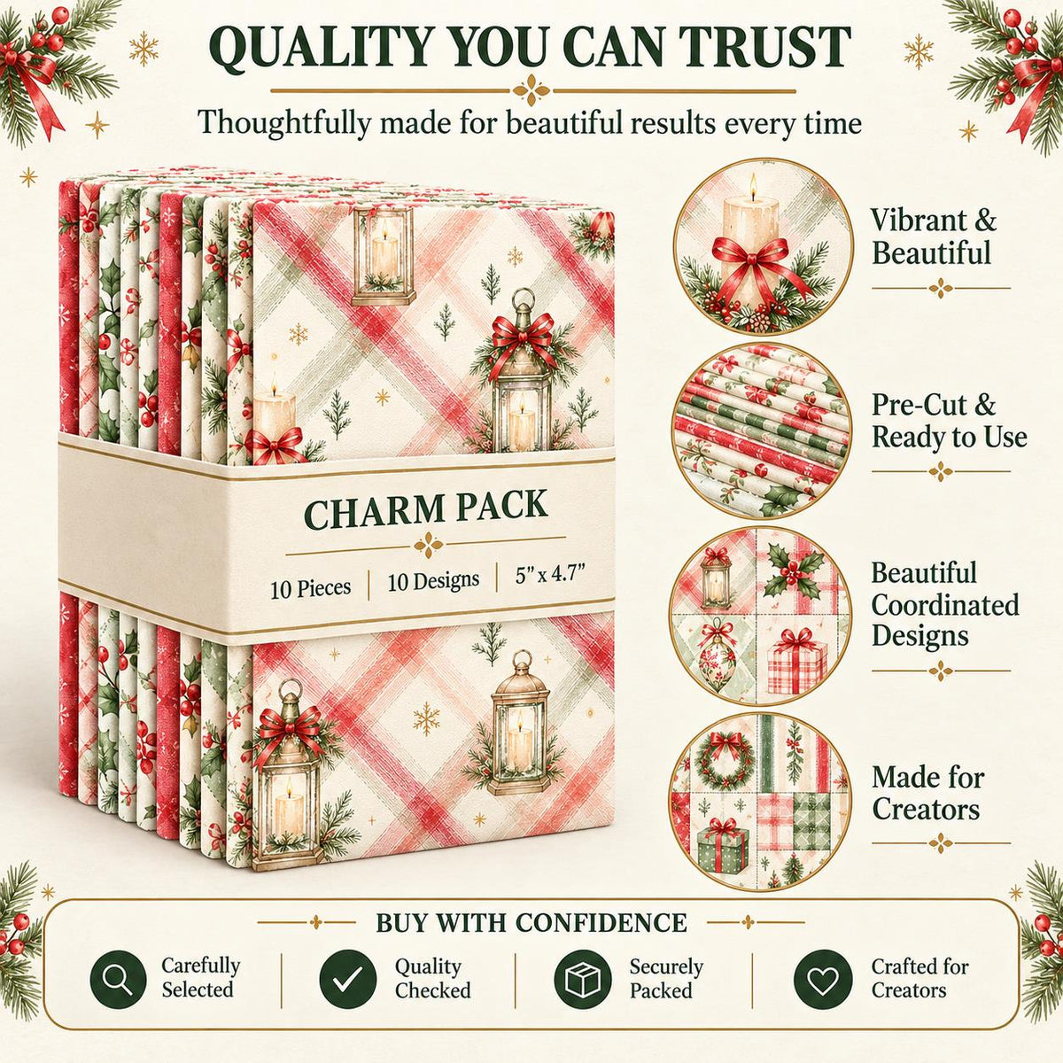 10Pc/Set Christmas Series Plaid Stripe Bowknot Bell Star Holly Fat Quarter Fabric, Pre-Cut Square Fabric Assort, Fabric Set, Craft Fabric, Handmade DIY Patchwork Fabric,Home Quilting Sewing Fabric, Packaging Fabric, Scrapbooking Craft Hobbyist