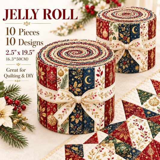 10pcs Vintage Christmas Gift Pattern Jelly Roll Fabric Strips 2.5X19.7inch Pre-Cut 100% Polyester For Patchwork Quilts, Table Runners, Placemats, Tote Bags, Storage Pouches, Makeup Bags, Coasters, Quilt Blocks & Binding