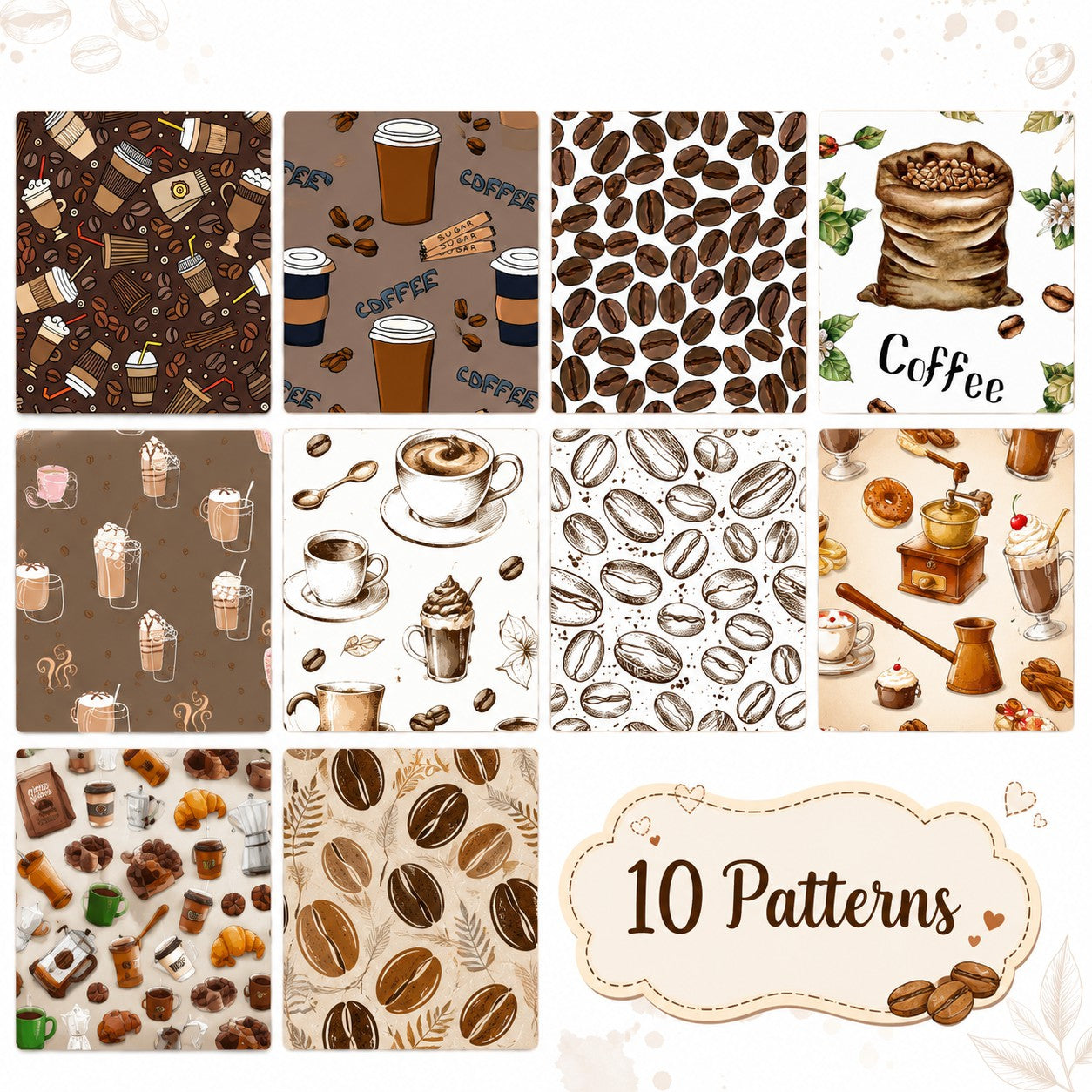 10Pc/Set, Making 10 Images 1pc Each, Each Size: 6.3*50cm Coffee Bean Series Sliced Fabric Set Style Combination, Polyester Jelly Roll Fabric Strips, Pre-Cut Quilting Squares, For Quilting DIY, Handicrafts And Sewing, Blankets, Rugs, Interior Decoration