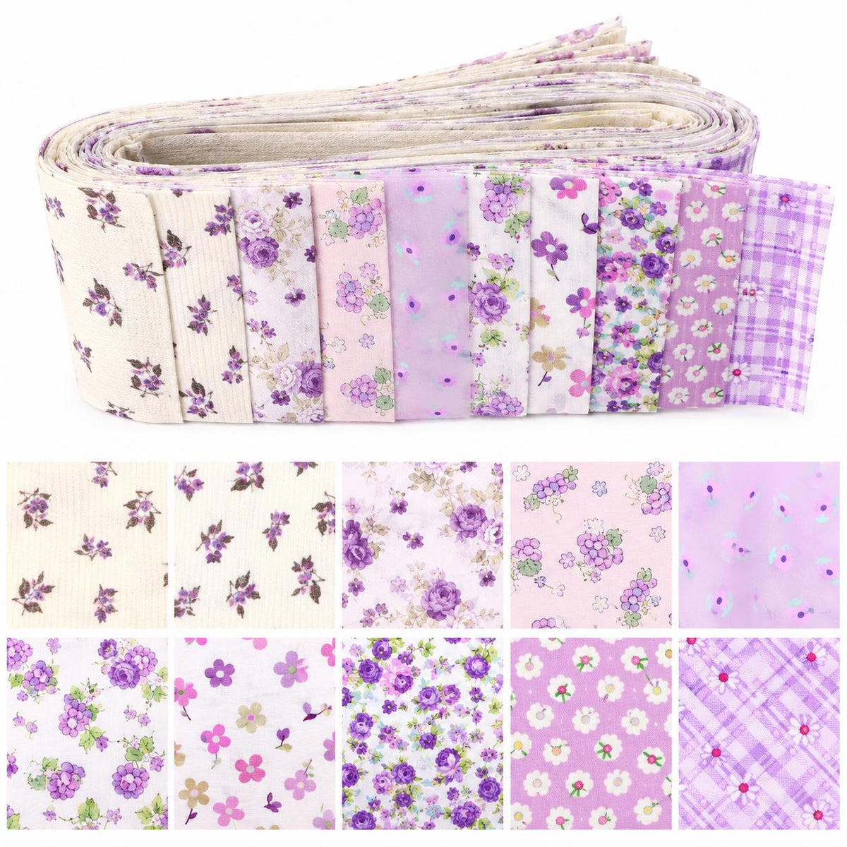 10pcs Vintage Floral Purple Pattern Jelly Roll Fabric Strips 2.5X19.7inch Pre-cut 100% Polyester for Patchwork Quilts, Table Runners, Placemats, Tote Bags, Storage Pouches, Makeup Bags, Coasters, Quilt Blocks & Binding Multi-color