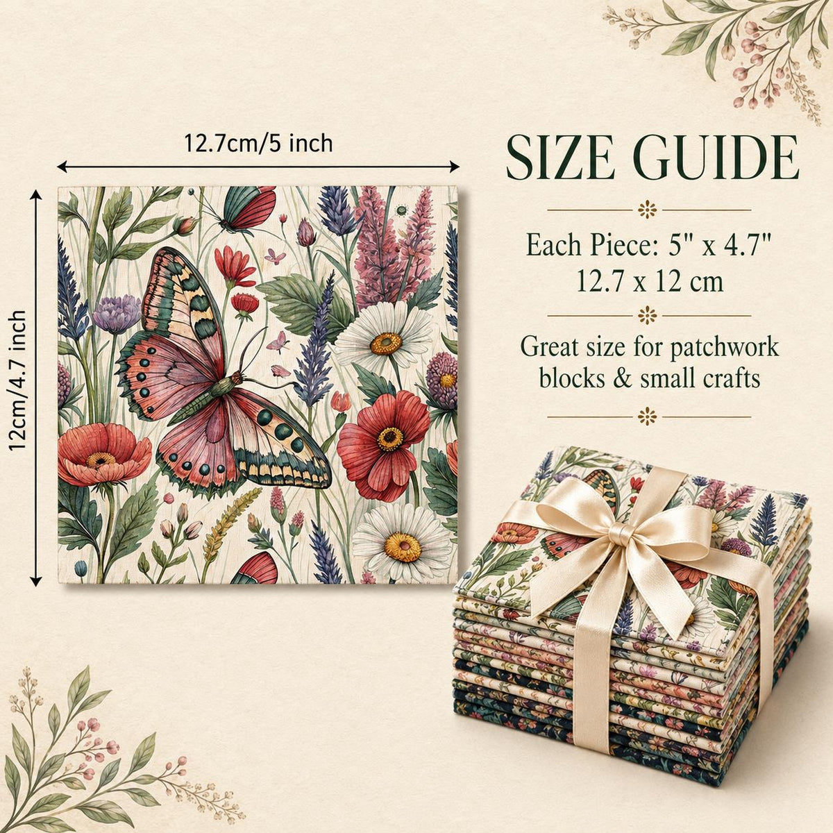 10pcs Charm Pack Set Floral Butterfly Pattern Vintage Style Handmade DIY with Rich Color and Texture Elements 100% Polyester Patchwork in 10 Design Styles Suitable for Patchwork DIY Craft Projects DIY Wallet Making Gift Giving Bag Making Mother's Day Gift
