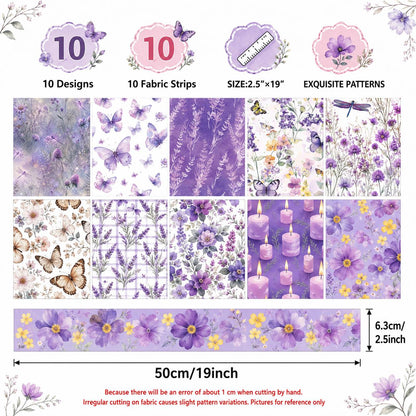 10pcs Vintage Butterfly Purple Pattern Jelly Roll Fabric Strips 2.5X19.7inch Pre-cut 100% Polyester for Patchwork Quilts, Table Runners, Placemats, Tote Bags, Storage Pouches, Makeup Bags, Coasters, Quilt Blocks & Binding
