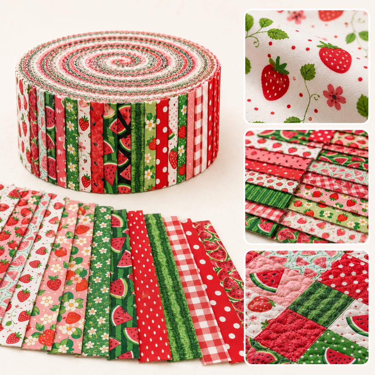 20pcs Vintage Strawberry Watermelon Fruit Pattern Blue Series Jelly Roll Sliced Fabric Strips 2.5X19.7inch Pre-Cut Floral Bow Knot Printed Multi-Color 100% Polyester For DIY Handmade Patchwork, Table Runners, Placemats, Tote Bags, Storage Pouches