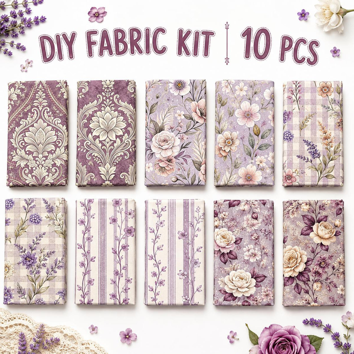 10Pc/Set Flower Purple Series Stripe Plaid Fat Quarter Fabric, Pre-Cut Square Fabric Assort, Fabric Set, Craft Fabric, Handmade DIY Patchwork Fabric,Home Quilting Sewing Fabric, Packaging Fabric, Scrapbooking Craft Hobbyist