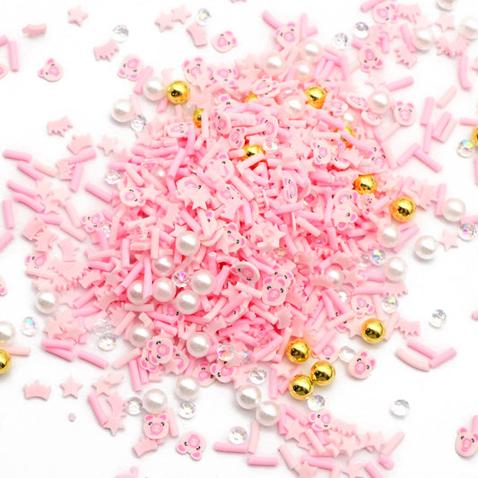 10g Pack Pink Color Pig Animal With Beads Bread Crumbs Crown Soft Polymer Clay Charms, Happy Holiday Nail Decorations for Manicure Design, Professional Nail Supplies Accessories, Filler, Package