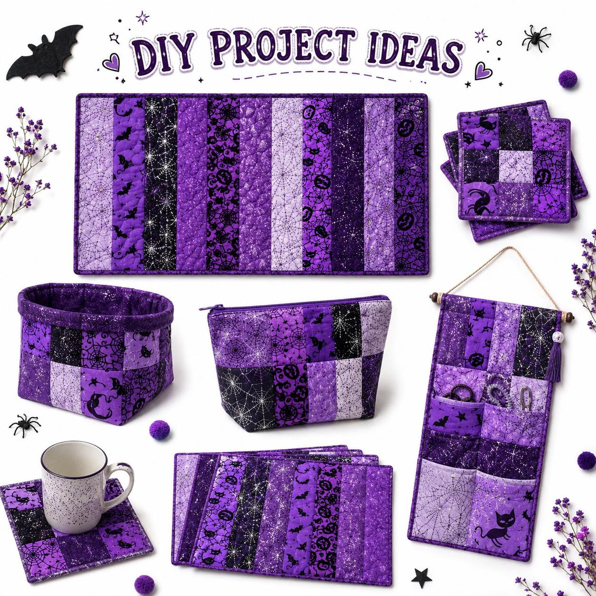 10pcs/Set, Making 10 Images 1pc Each, Each Size: 2.48*19.69inch Pumpkin Spider Plain Purple Halloween Pattern Sliced Fabric Set Style Combination, Polyester Jelly Roll Fabric Strips, Pre-Cut Quilting Squares, for Quilting DIY, Handicrafts And Sewing, Blan