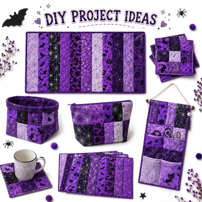 10pcs/Set, Making 10 Images 1pc Each, Each Size: 2.48*19.69inch Pumpkin Spider Plain Purple Halloween Pattern Sliced Fabric Set Style Combination, Polyester Jelly Roll Fabric Strips, Pre-Cut Quilting Squares, for Quilting DIY, Handicrafts And Sewing, Blan